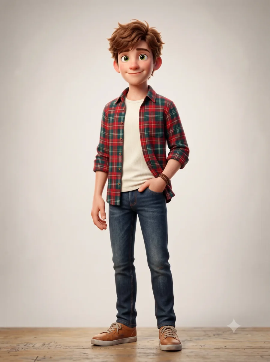 Stylized 3D boy character wearing a plaid shirt and dark jeans against a neutral background.