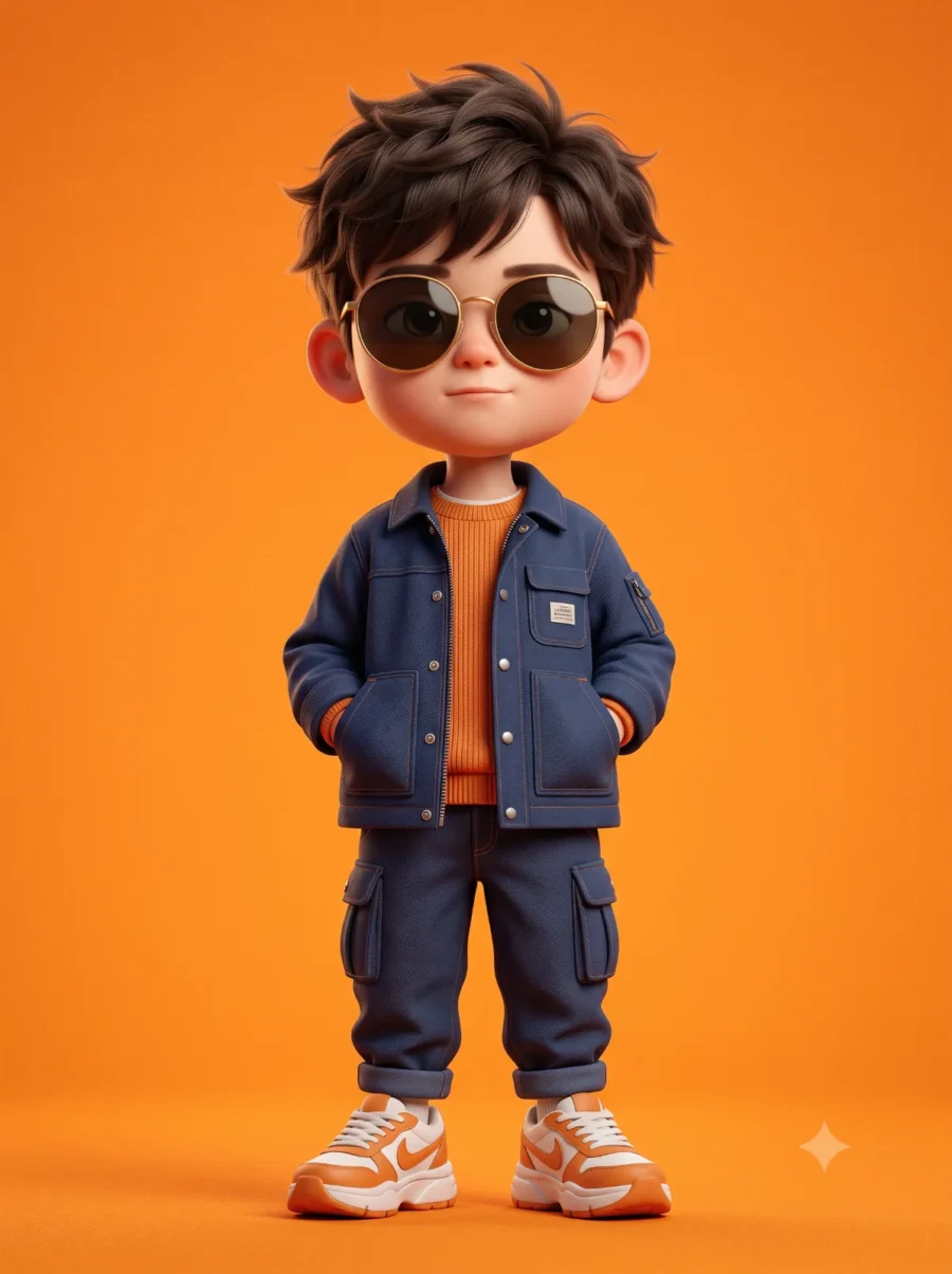 Stylized 3D boy character with gold sunglasses, navy jacket, and orange sweater against a solid background.