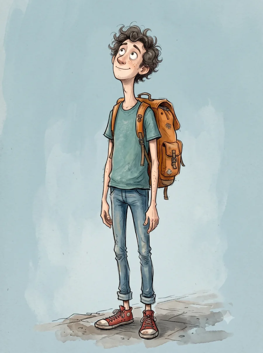 Whimsical Character Illustration of a lanky man with a large backpack rendered in sketchy pencil and watercolor washes.