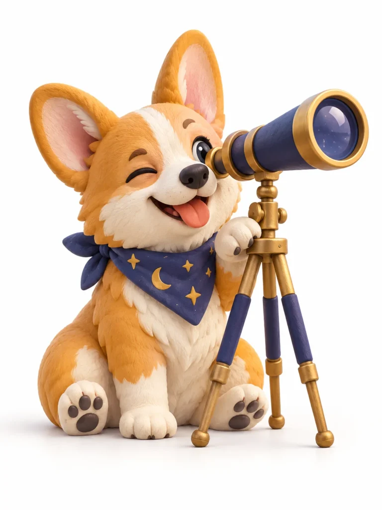 3D clay corgi prompt showing a cute matte corgi looking through an antique brass telescope on a clean white background.