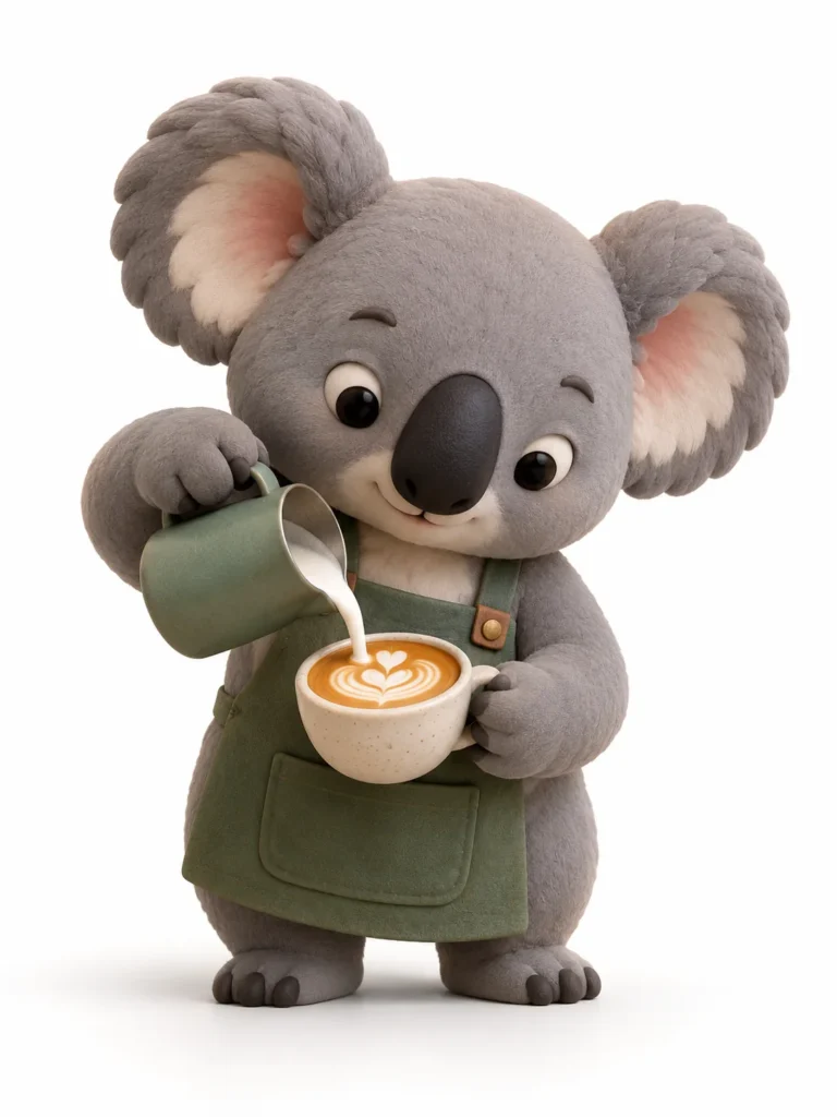 Cute 3D clay koala render pouring delicate latte art into a tiny ceramic cup against a white background.