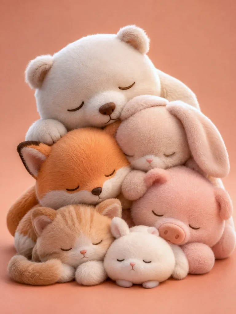 3D sleeping plush animals clustered together showing a polar bear, rabbit, and fox with soft fur on a peach background.