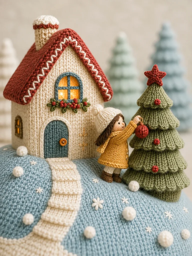 Knitted Christmas diorama with a cream yarn cottage, miniature snow hills, and a small child decorating a tree.