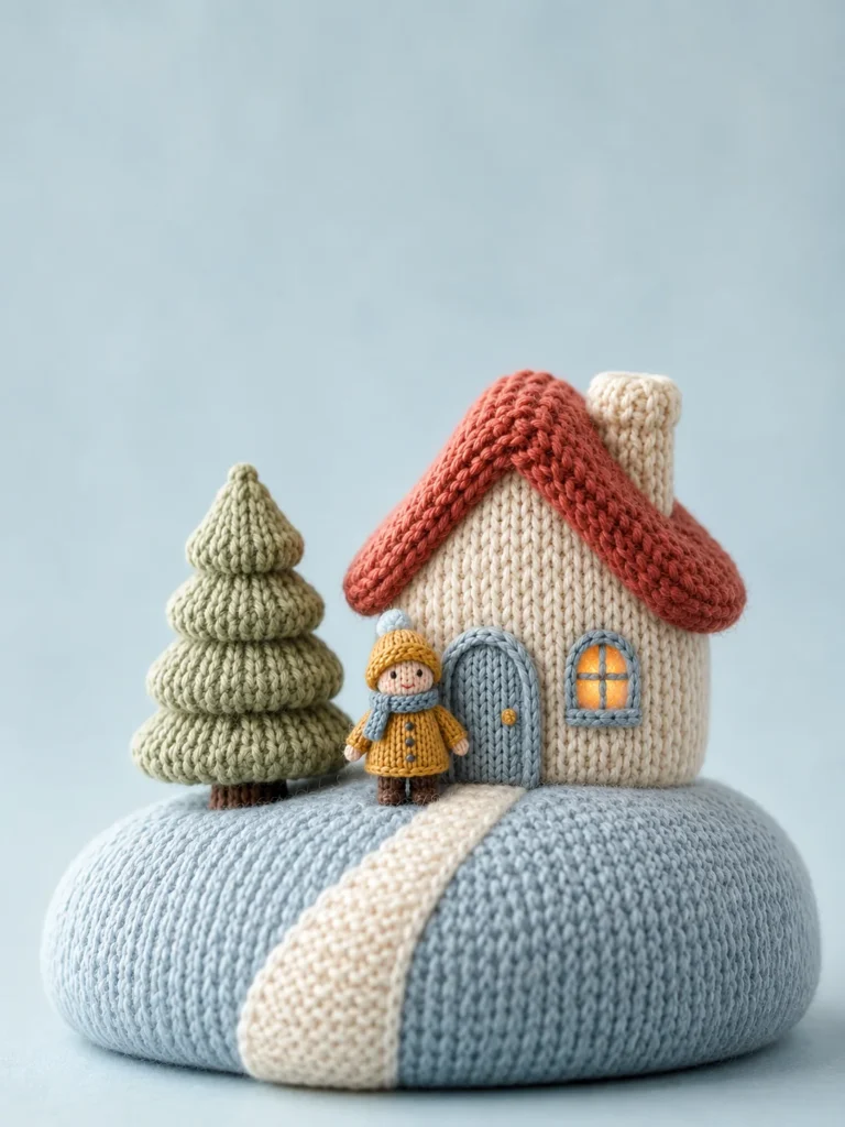 Knitted winter cottage diorama featuring an ivory house, pine tree, and a child in chunky wool textures.