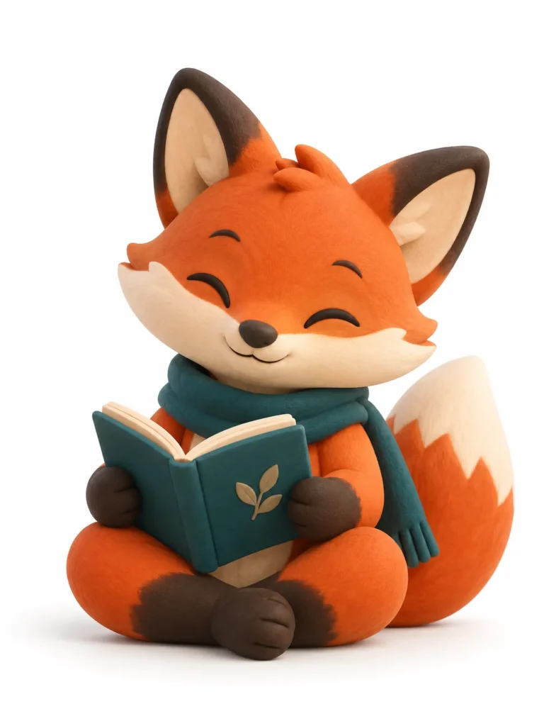 Cute 3D clay fox render sitting cross-legged reading a tiny teal book against a minimal white background.
