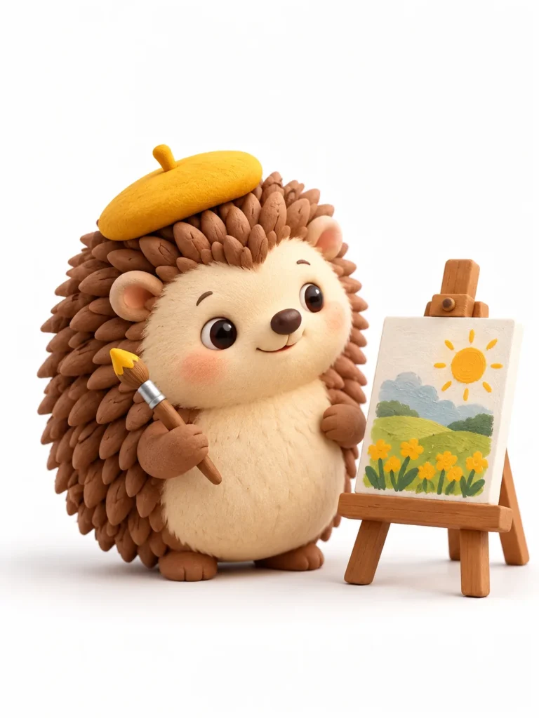 Cute 3D clay hedgehog render holding a tiny paintbrush beside a miniature easel against a white background.