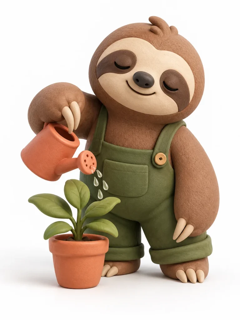Cute 3D clay sloth render gently watering a terracotta potted plant with a tiny can.
