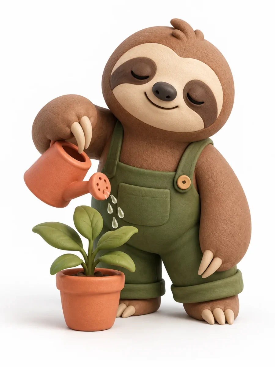Cute 3D clay sloth render gently watering a terracotta potted plant with a tiny can.
