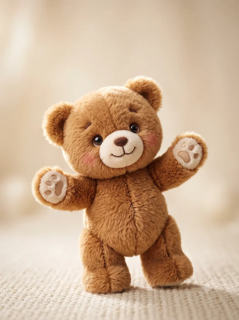 Cute plush teddy bear prompt generating a 3D caramel brown character with outstretched arms on a creamy beige background.
