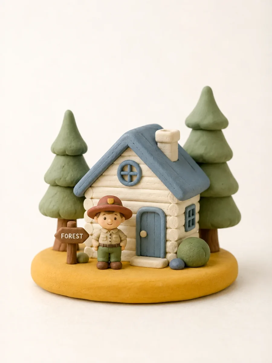 Miniature polymer clay diorama of a forest ranger cabin and figurine on a mustard yellow base