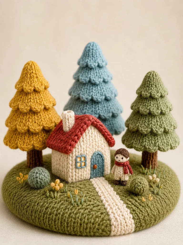 A miniature knitted forest diorama featuring a tiny ivory cabin and soft wool trees in pastel colors.