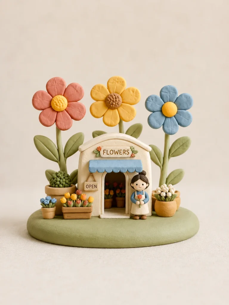 shop clay diorama prompt generating a macro 3D miniature flower shop with a pastel powder-blue awning and a tiny keeper.