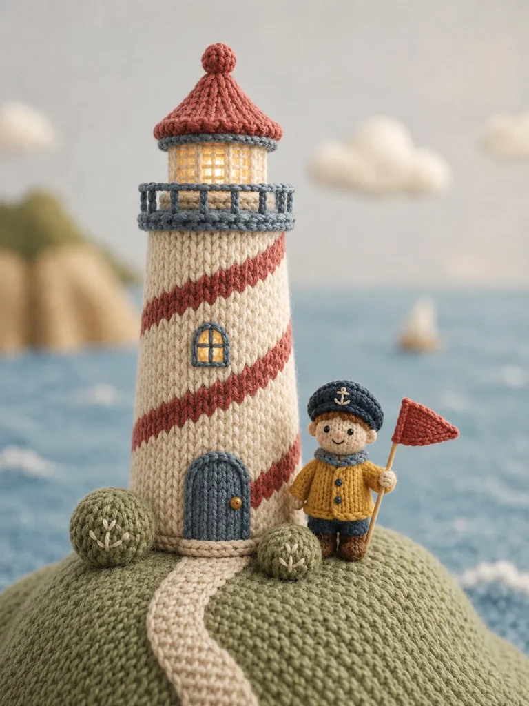 A macro knitted lighthouse diorama featuring an ivory tower, sage-green hill, and tiny sailor.