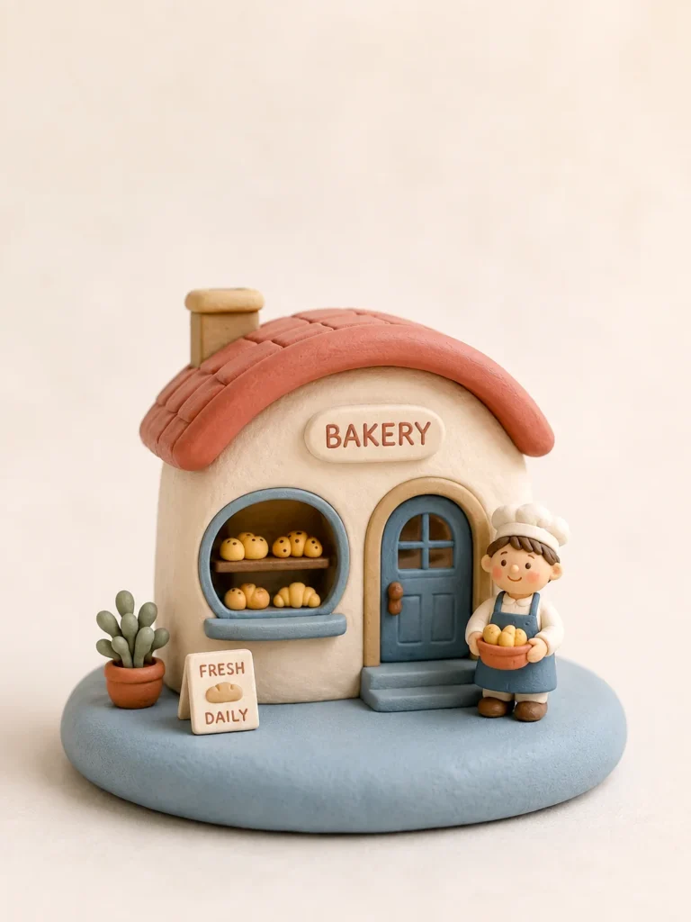 Polymer clay diorama prompt of a miniature bakery with a tiny baker, red roof, and soft pastel colors.