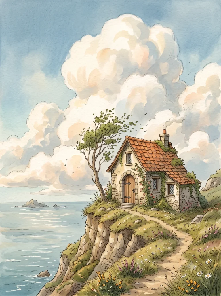 Storybook cottage illustration with a terracotta roof on a cliff overlooking the calm ocean under fluffy clouds.
