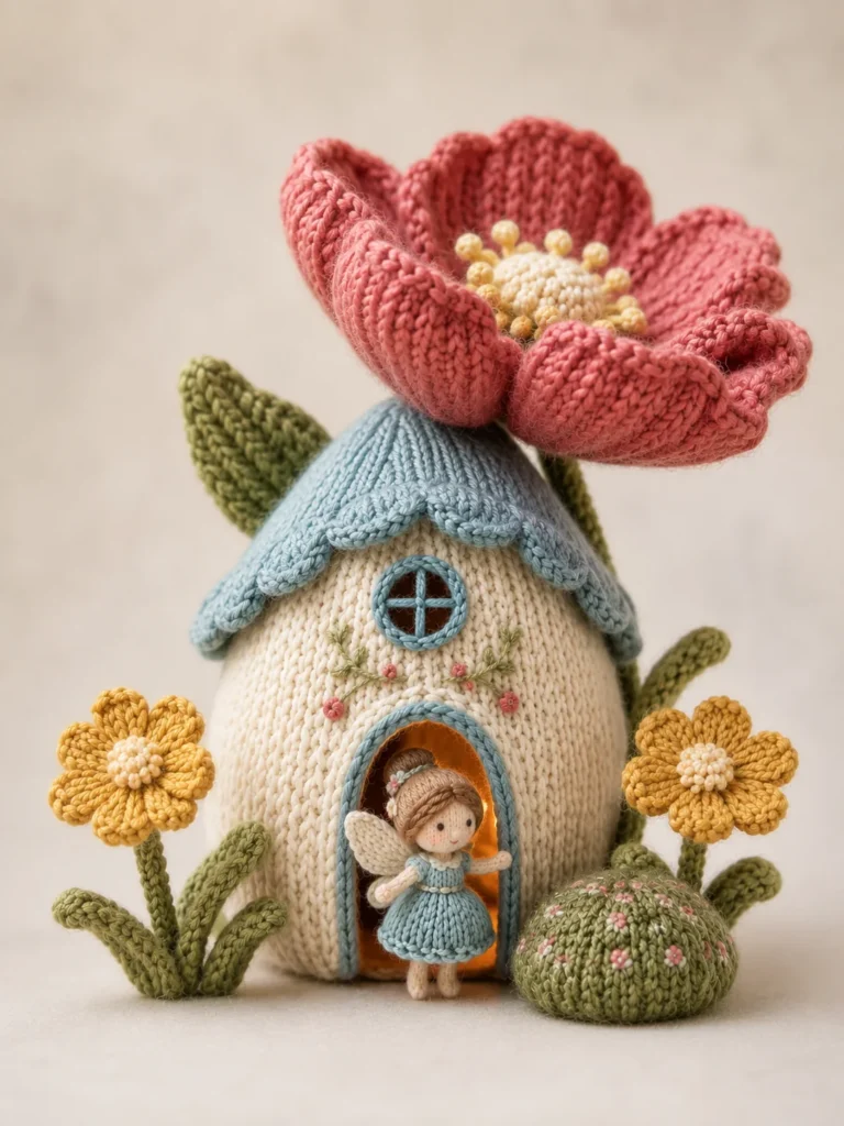 Knitted Fairy Garden Diorama showing a soft ivory yarn house with a blue roof and a tiny fairy figure in macro photography.