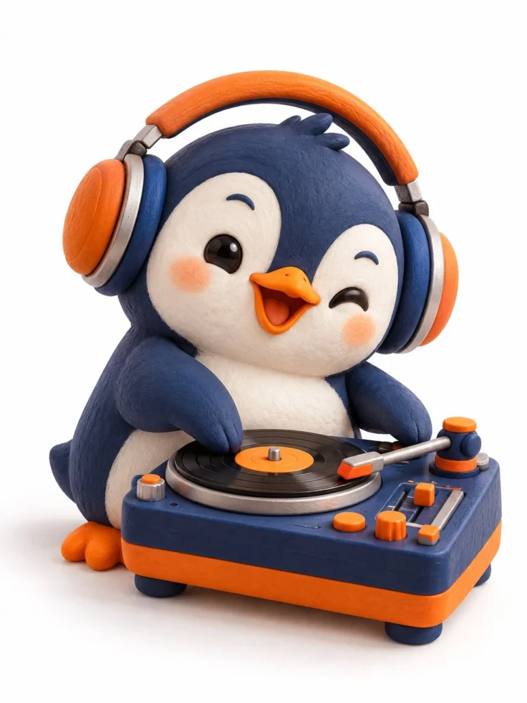Chubby clay style dj penguin wearing headphones at a miniature turntable