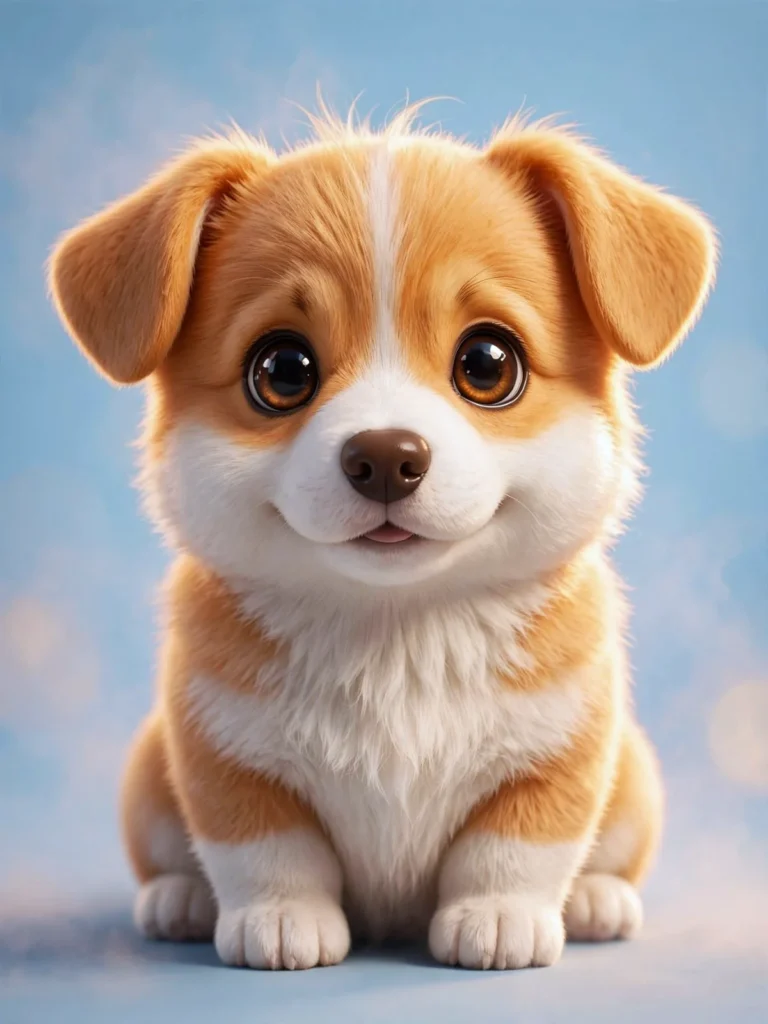 3D corgi puppy prompt generating a stylized dog with glossy eyes on a pastel blue background.