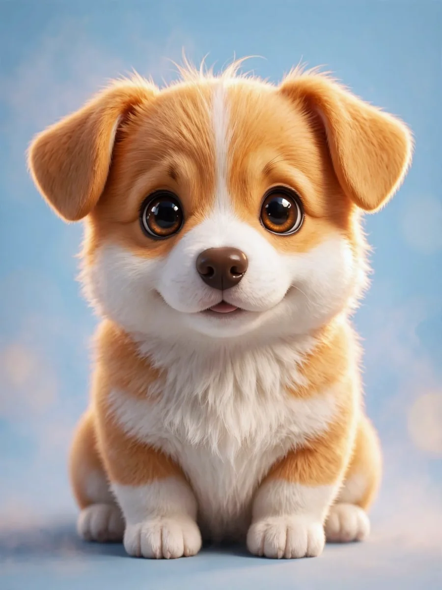 3D corgi puppy prompt generating a stylized dog with glossy eyes on a pastel blue background.