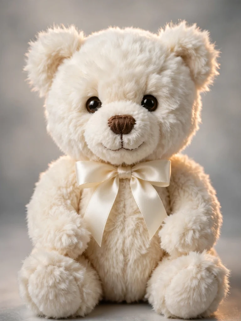 Photorealistic teddy bear prompt generating a plush cream-white bear with a satin ribbon on a gray studio backdrop.